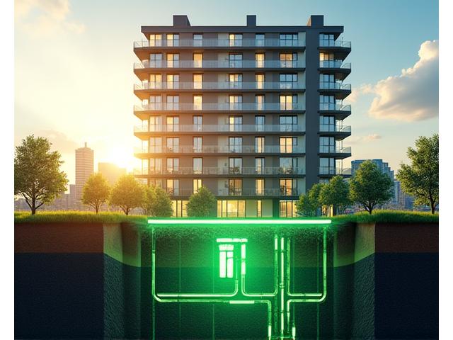 都市の集合住宅と地下の地熱ヒートポンプシステムのイラスト