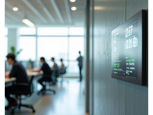 現代的なオフィスビル内部、統合された空調システムの表示パネルがある様子