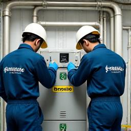 地熱ヒートポンプの主要機器を設置する技術者たち