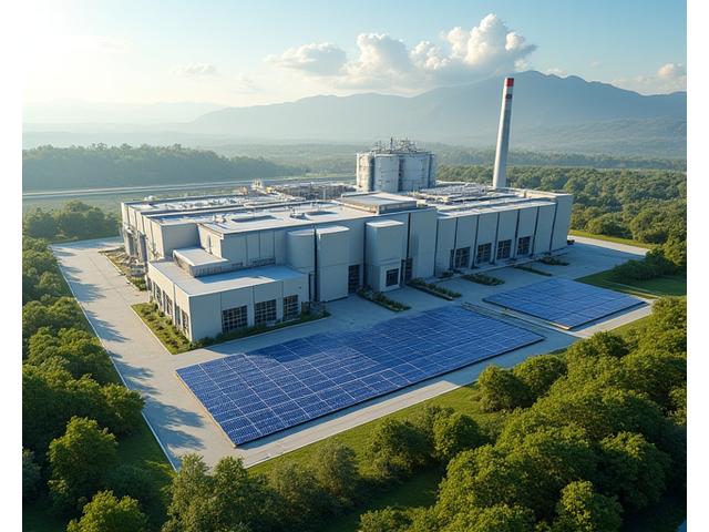 工場敷地内に設置された地熱発電施設と太陽光パネル、排熱利用システム