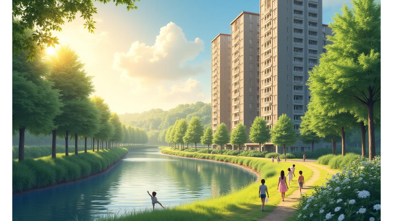 多摩川沿いの集合住宅の外観、子供たちが遊ぶ公園が隣接し、持続可能なコミュニティを象徴