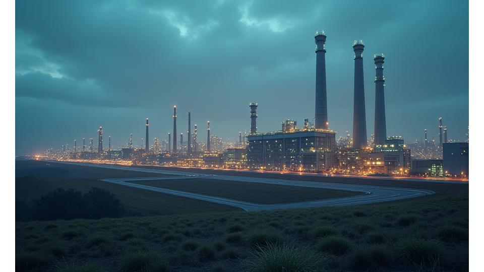 大規模工場群の鳥瞰図、地熱パイプラインが敷設され排熱が減っている様子をCGで表現