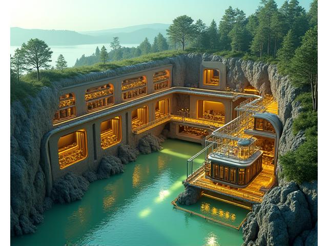 詳細な3Dモデルで設計された大規模地熱発電所の内部構造。パイプライン、タービン、制御室が精密に表現されている。