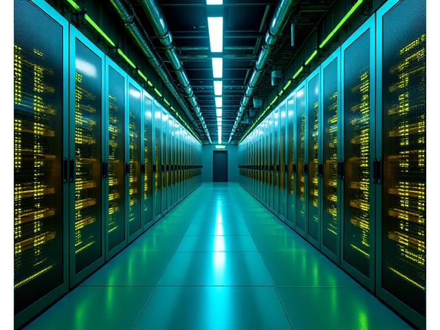 広大なデータセンターのサーバーラックが整然と並び、効率的な冷却システムが稼働している様子。