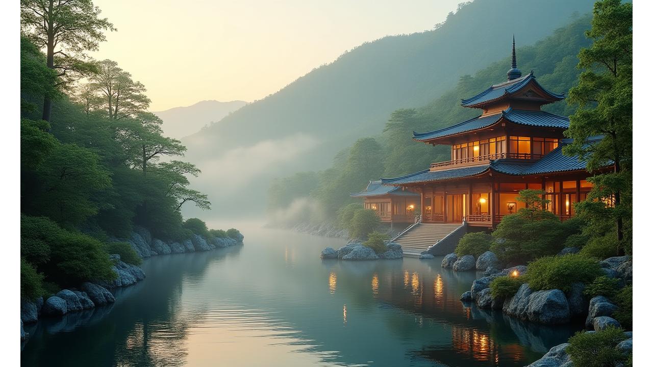 地熱システムと一体化した美しい温泉旅館の風景