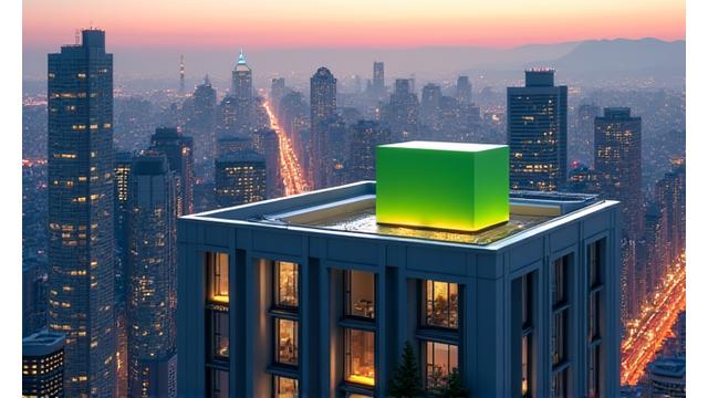 東京のタワーマンションの屋上にある地熱熱交換ユニットの写真。背景には東京のスカイラインが見え、近代的な都市景観に溶け込んでいる