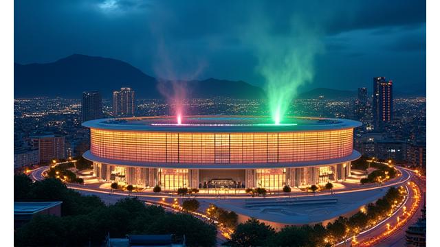 東京ドームのような大型商業施設全体が夜景に輝いており、そのエネルギー源が地熱であることを示すアイコンが重なっている