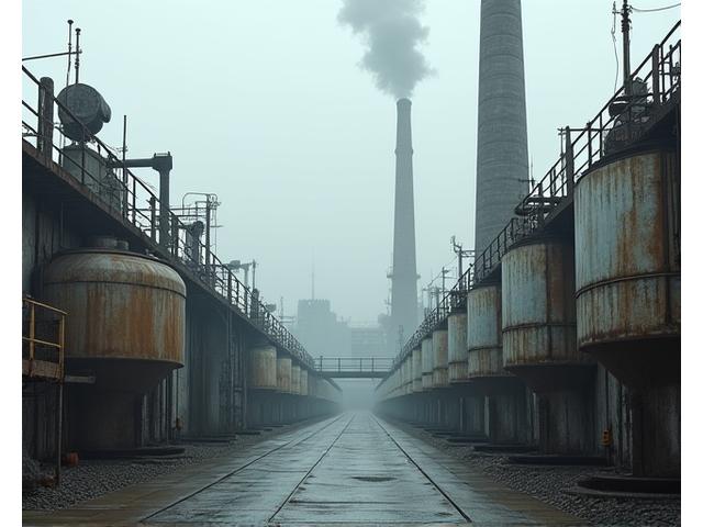 従来のガスボイラーや石油タンクが隣接する商業施設の写真。煙突からは煙が出ており、周囲には配管が複雑に絡み合っている