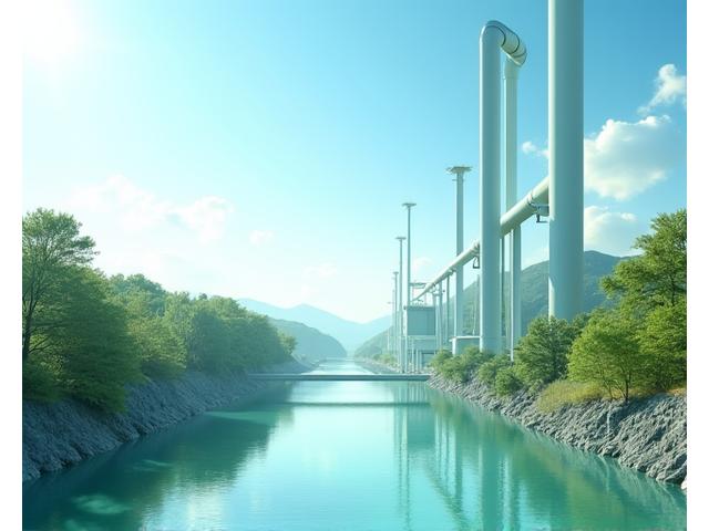 地下から地上へ伸びる地熱パイプラインと、それを囲むように設置されたクリーンな熱交換施設の写真。施設は近代的なデザインで、青空の下に建設されている