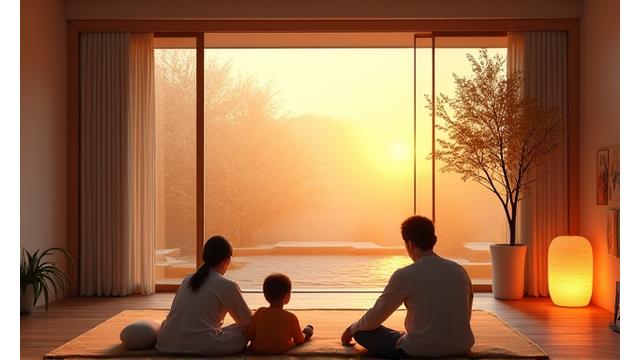 モダンな日本家屋のリビングルームで、床暖房の快適さを感じる家族の様子。窓の外には地熱で暖められた庭園が見える