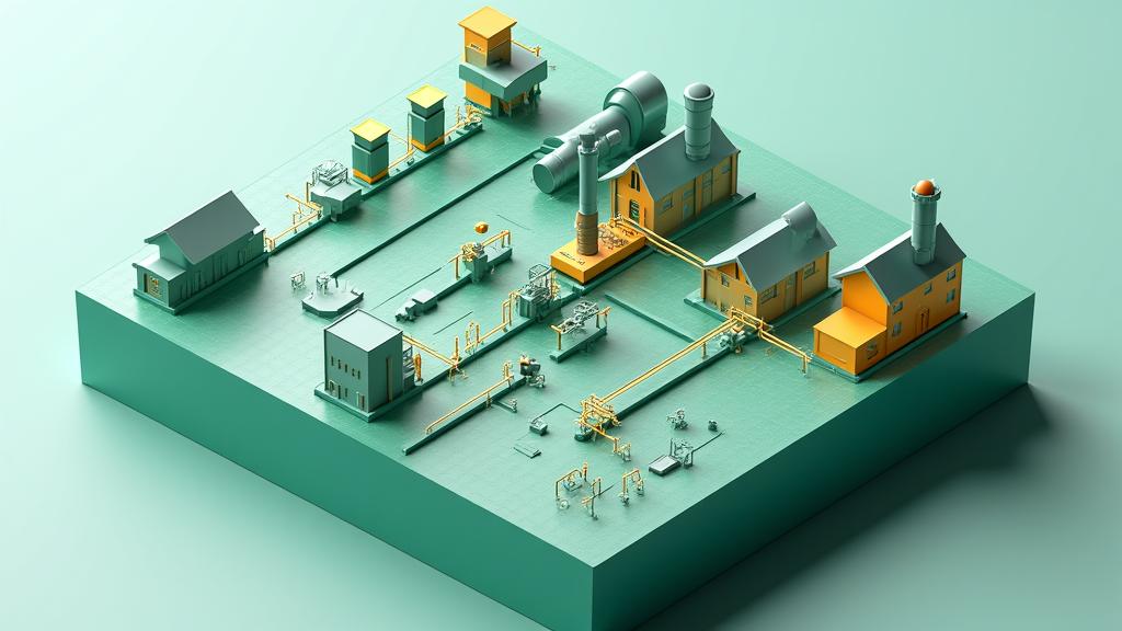 地熱蒸気・温水供給システムの詳細な技術図。地下深くから汲み上げた熱水を熱交換し、施設へ分配する複雑だが整然とした配管やポンプが描かれ、データモニタリング画面も示されている